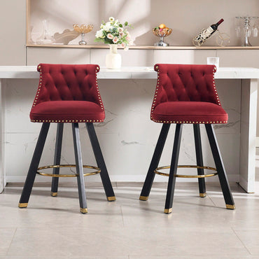 Set Of 2 Velvet Bar Chairs With 360 Degree Rotation And Detachable Back Pull Loop, Square Foot Wooden Base And Rivet Decoration