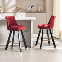 Set Of 2 Velvet Bar Chairs With 360 Degree Rotation And Detachable Back Pull Loop, Square Foot Wooden Base And Rivet Decoration