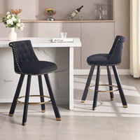 Set Of 2 Velvet Bar Chairs With 360 Degree Rotation And Detachable Back Pull Loop, Square Foot Wooden Base And Rivet Decoration