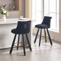 Set Of 2 Velvet Bar Chairs With 360 Degree Rotation And Detachable Back Pull Loop, Square Foot Wooden Base And Rivet Decoration