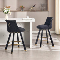 Set Of 2 Velvet Bar Chairs With 360 Degree Rotation And Detachable Back Pull Loop, Square Foot Wooden Base And Rivet Decoration