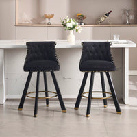 Set Of 2 Velvet Bar Chairs With 360 Degree Rotation And Detachable Back Pull Loop, Square Foot Wooden Base And Rivet Decoration