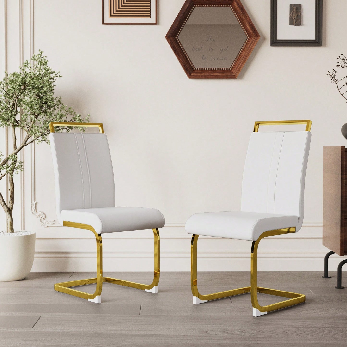 Modern High Back PU Faux Leather Dining Chairs with Golden C-Shaped Legs Set of 2 for Kitchen Dining Room Office Patio White