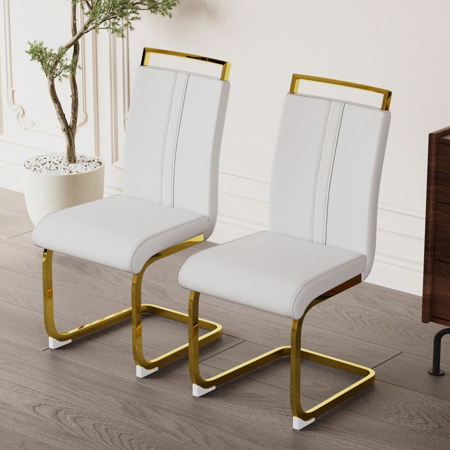 Modern High Back PU Faux Leather Dining Chairs with Golden C-Shaped Legs Set of 2 for Kitchen Dining Room Office Patio White