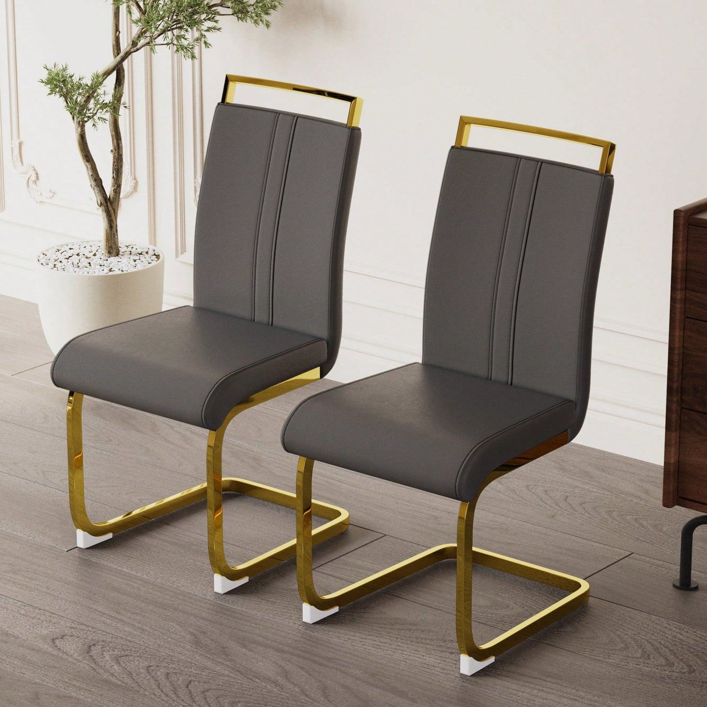 Modern High Back PU Faux Leather Dining Chairs with Golden C-Shaped Legs Set of 2 for Kitchen Dining Room Office Patio White