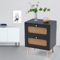 Handcrafted Rattan 2-Drawer Nightstand For Bedroom And Living Room, Stylish End Table With Decorative Storage Drawers