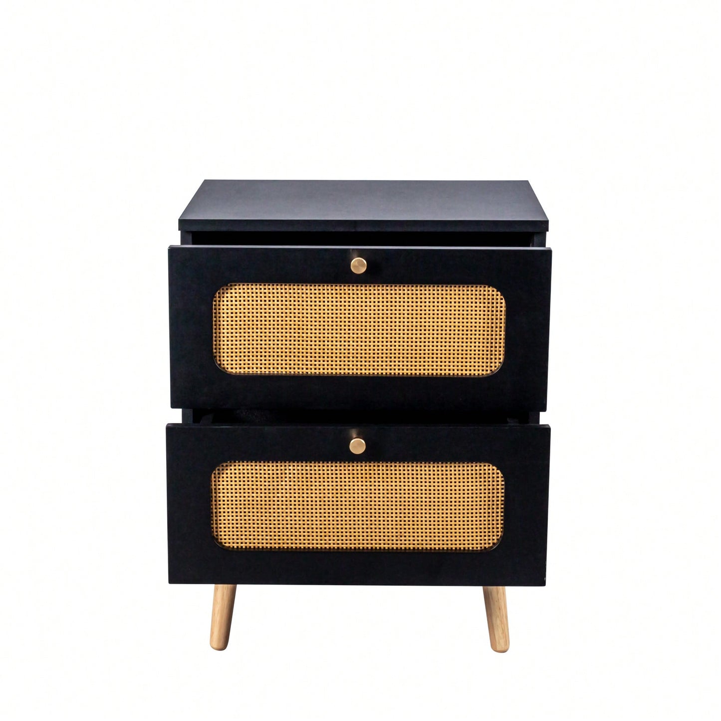 Handcrafted Rattan 2-Drawer Nightstand For Bedroom And Living Room, Stylish End Table With Decorative Storage Drawers