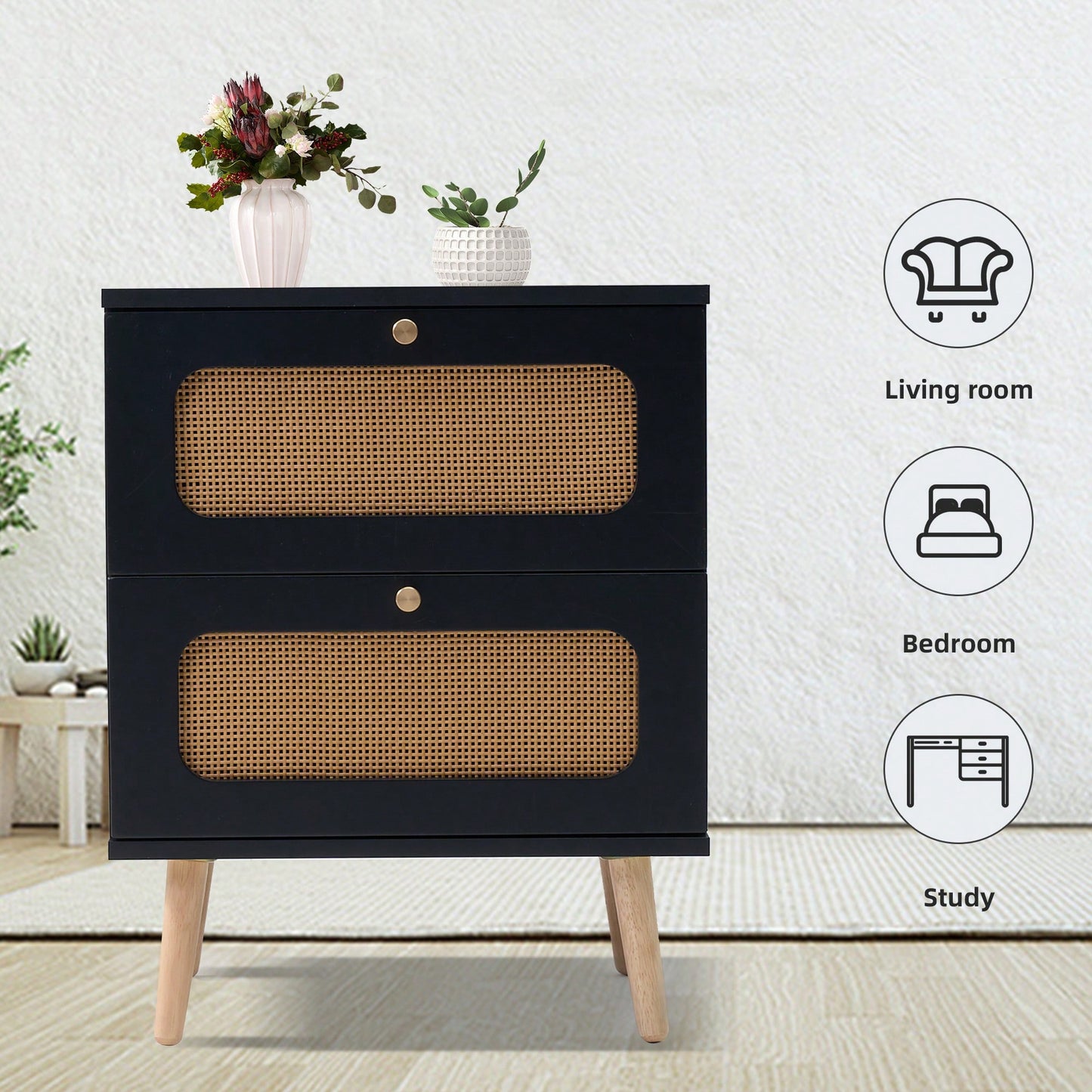 Handcrafted Rattan 2-Drawer Nightstand For Bedroom And Living Room, Stylish End Table With Decorative Storage Drawers