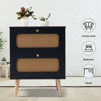 Handcrafted Rattan 2-Drawer Nightstand For Bedroom And Living Room, Stylish End Table With Decorative Storage Drawers