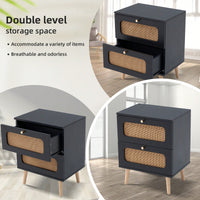 Handcrafted Rattan 2-Drawer Nightstand For Bedroom And Living Room, Stylish End Table With Decorative Storage Drawers