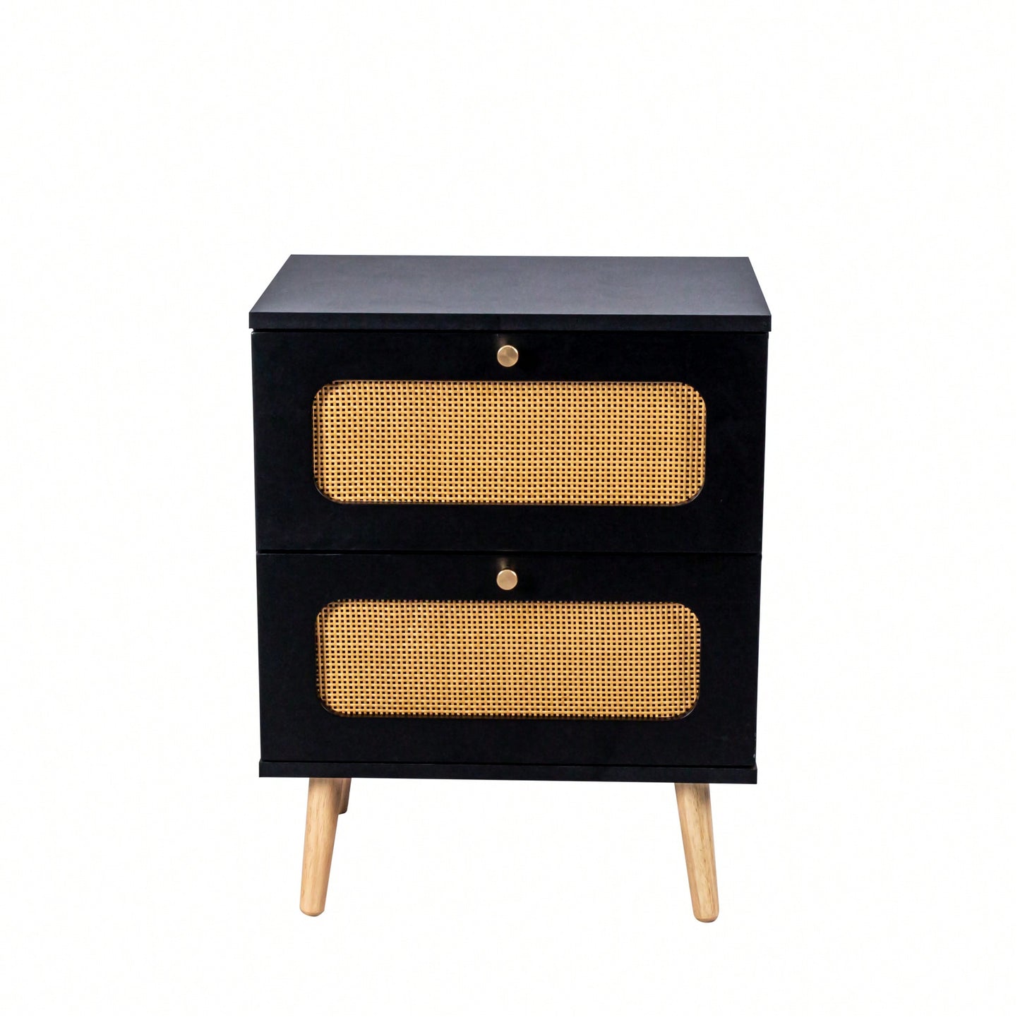 Handcrafted Rattan 2-Drawer Nightstand For Bedroom And Living Room, Stylish End Table With Decorative Storage Drawers