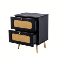 Handcrafted Rattan 2-Drawer Nightstand For Bedroom And Living Room, Stylish End Table With Decorative Storage Drawers