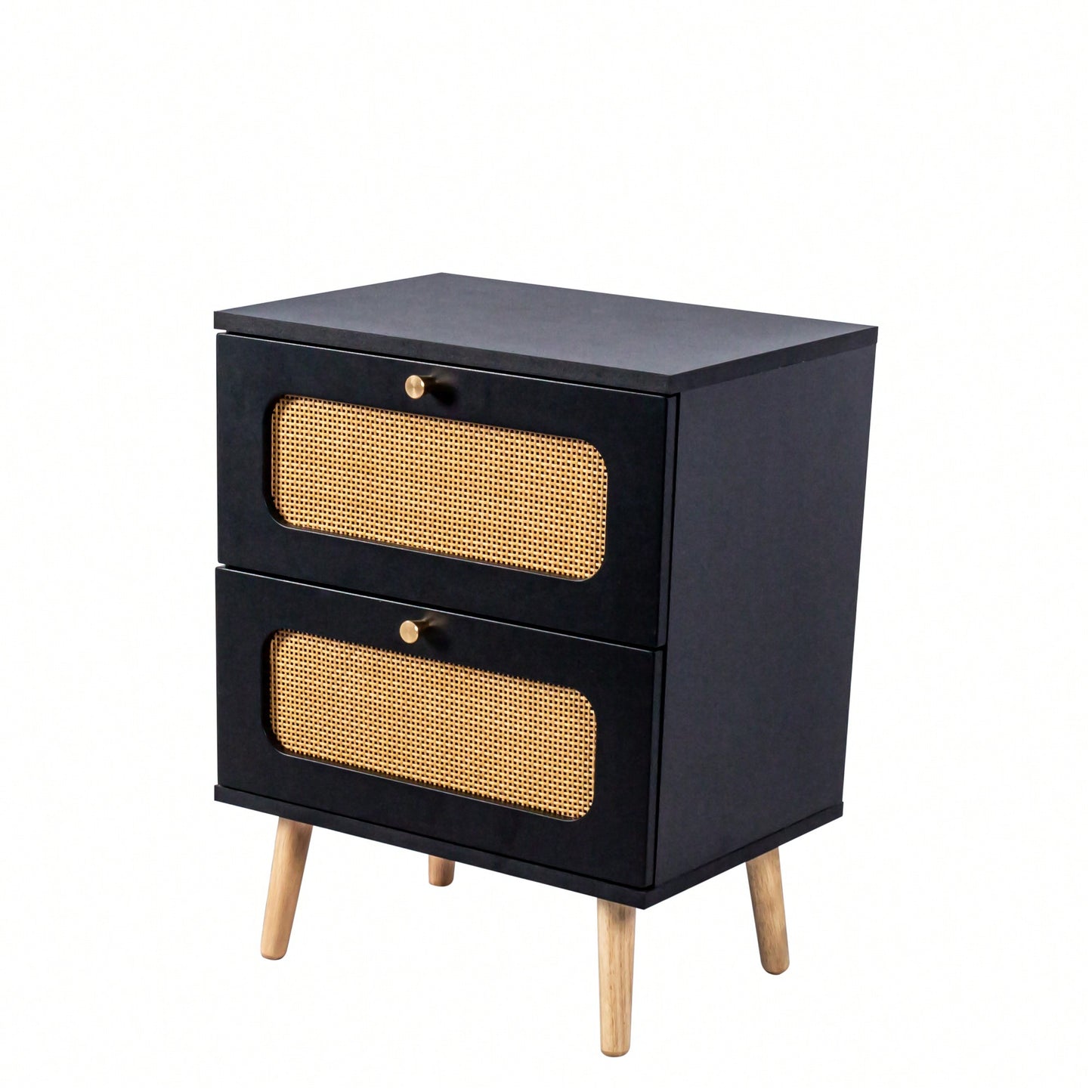 Handcrafted Rattan 2-Drawer Nightstand For Bedroom And Living Room, Stylish End Table With Decorative Storage Drawers