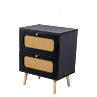 Handcrafted Rattan 2-Drawer Nightstand For Bedroom And Living Room, Stylish End Table With Decorative Storage Drawers