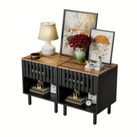 Mid Century Modern Nightstands With Grille Striped Doors And Slatted Drawers, Stylish Bedside Tables With Metal Legs For Bedroom Decor