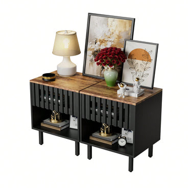 Mid Century Modern Nightstands With Grille Striped Doors And Slatted Drawers, Stylish Bedside Tables With Metal Legs For Bedroom Decor