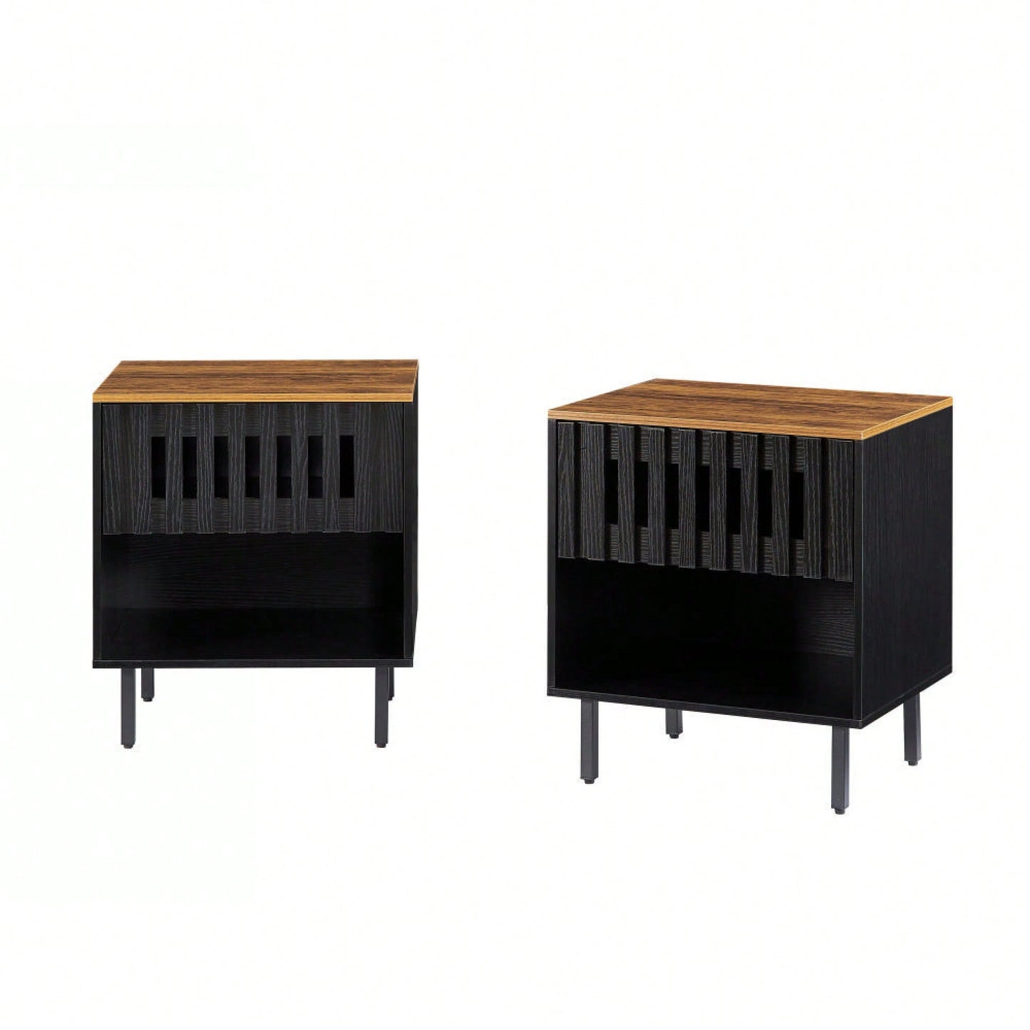 Mid Century Modern Nightstands With Grille Striped Doors And Slatted Drawers, Stylish Bedside Tables With Metal Legs For Bedroom Decor