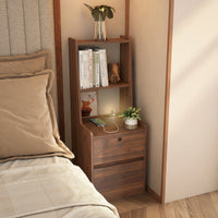 Modern Nightstand With Charging Station And Night Light, Stylish Bedside Table With Bookshelf And Storage Cabinet For Bedroom, Wooden Design