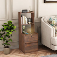 Modern Nightstand With Charging Station And Night Light, Stylish Bedside Table With Bookshelf And Storage Cabinet For Bedroom, Wooden Design