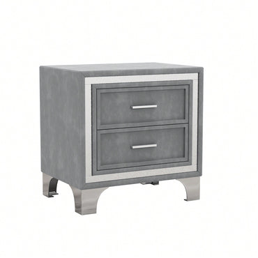 Mid Century Gray Velvet Nightstand With Metal Legs Fully Assembled Bedroom Storage 2-Drawer Bedside Table