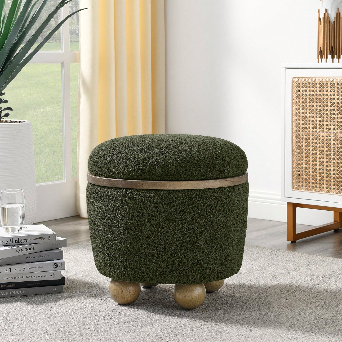 Dark Green Round Storage Stool With Cushioned Seat For Bedroom Living Room Entryway