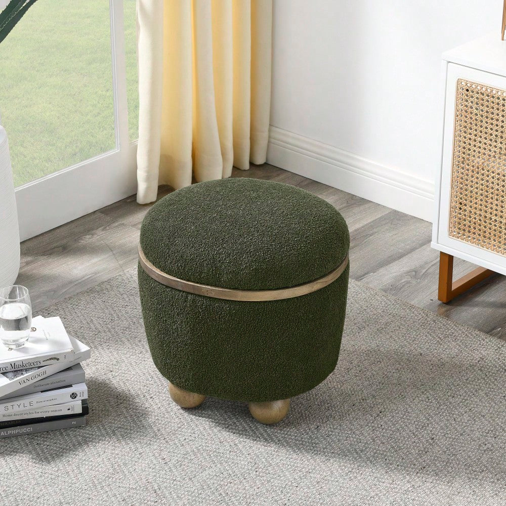 Dark Green Round Storage Stool With Cushioned Seat For Bedroom Living Room Entryway