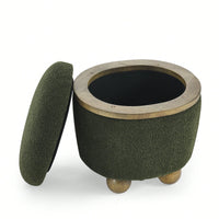 Dark Green Round Storage Stool With Cushioned Seat For Bedroom Living Room Entryway