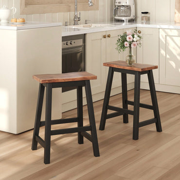 Rustic 2-Piece Counter Height Wood Kitchen Dining Stools For Small Spaces In Walnut And Black Finish