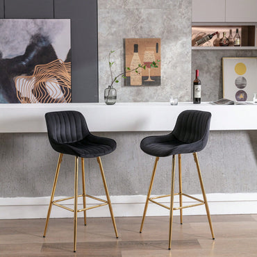 30 Inch Velvet Fabric Bar Stools Set Of 2 With Chrome Footrest And Golden Legs Modern High Counter Seating In Black