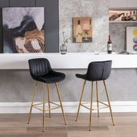 30 Inch Velvet Fabric Bar Stools Set Of 2 With Chrome Footrest And Golden Legs Modern High Counter Seating In Black