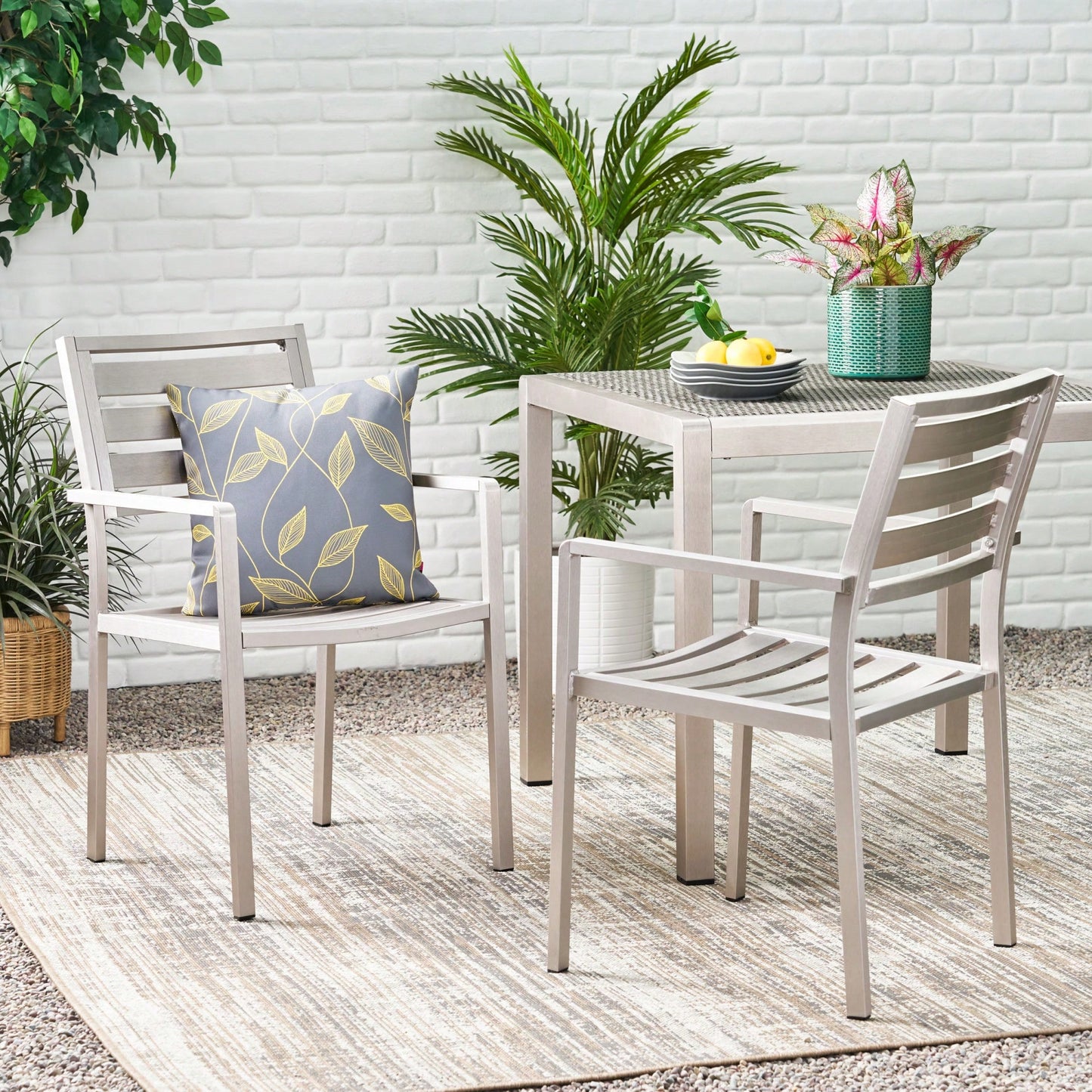 Contemporary Silver Aluminum Outdoor Dining Chairs Set Of 2 For Patio And Garden