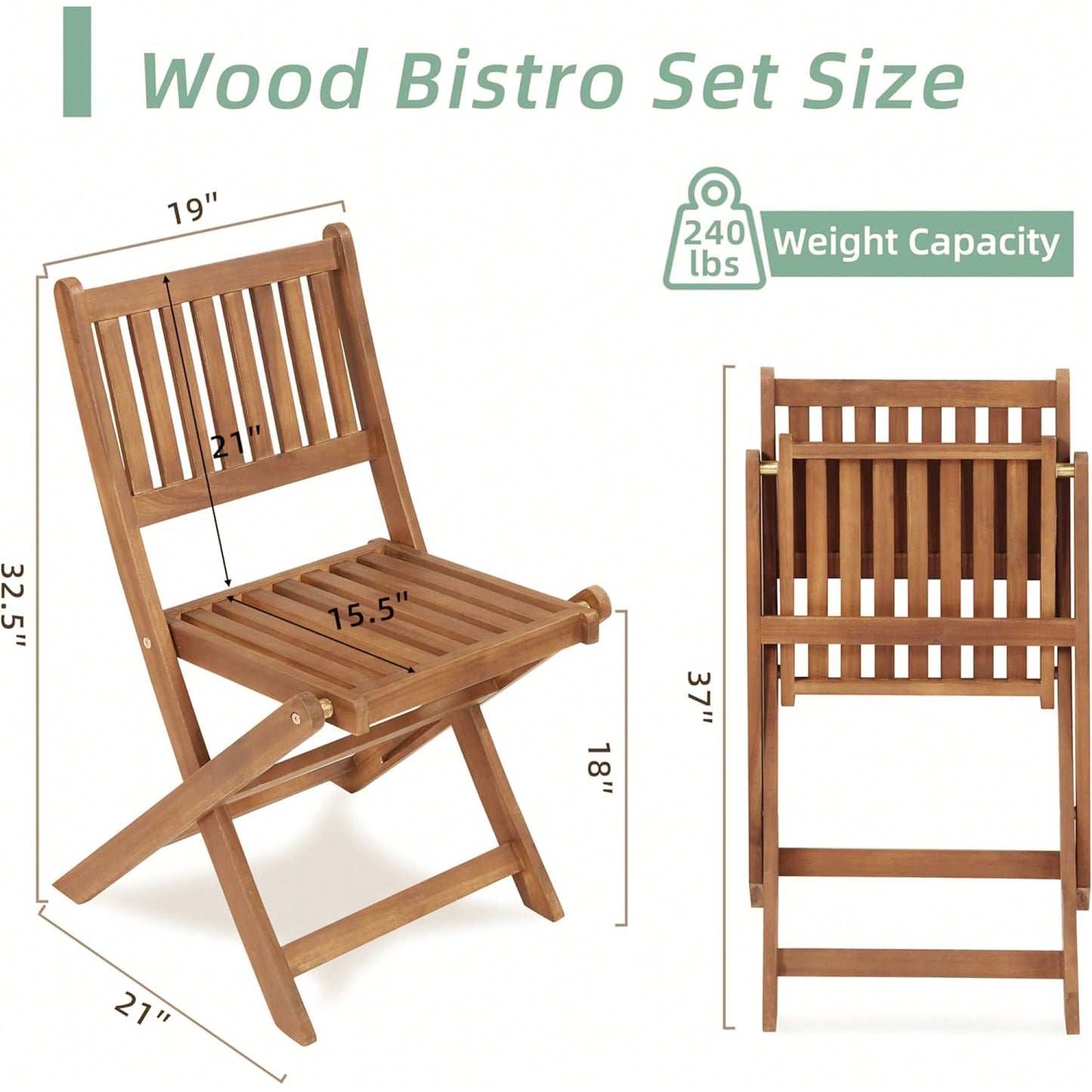 Acacia Wood Bistro Set With Folding Chairs And Coffee Table For Garden Balcony Patio