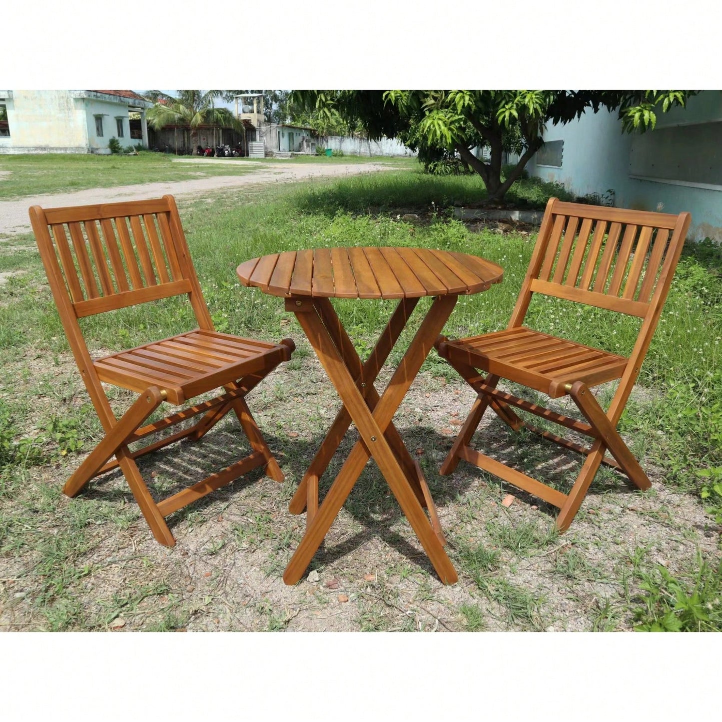 Acacia Wood Bistro Set With Folding Chairs And Coffee Table For Garden Balcony Patio