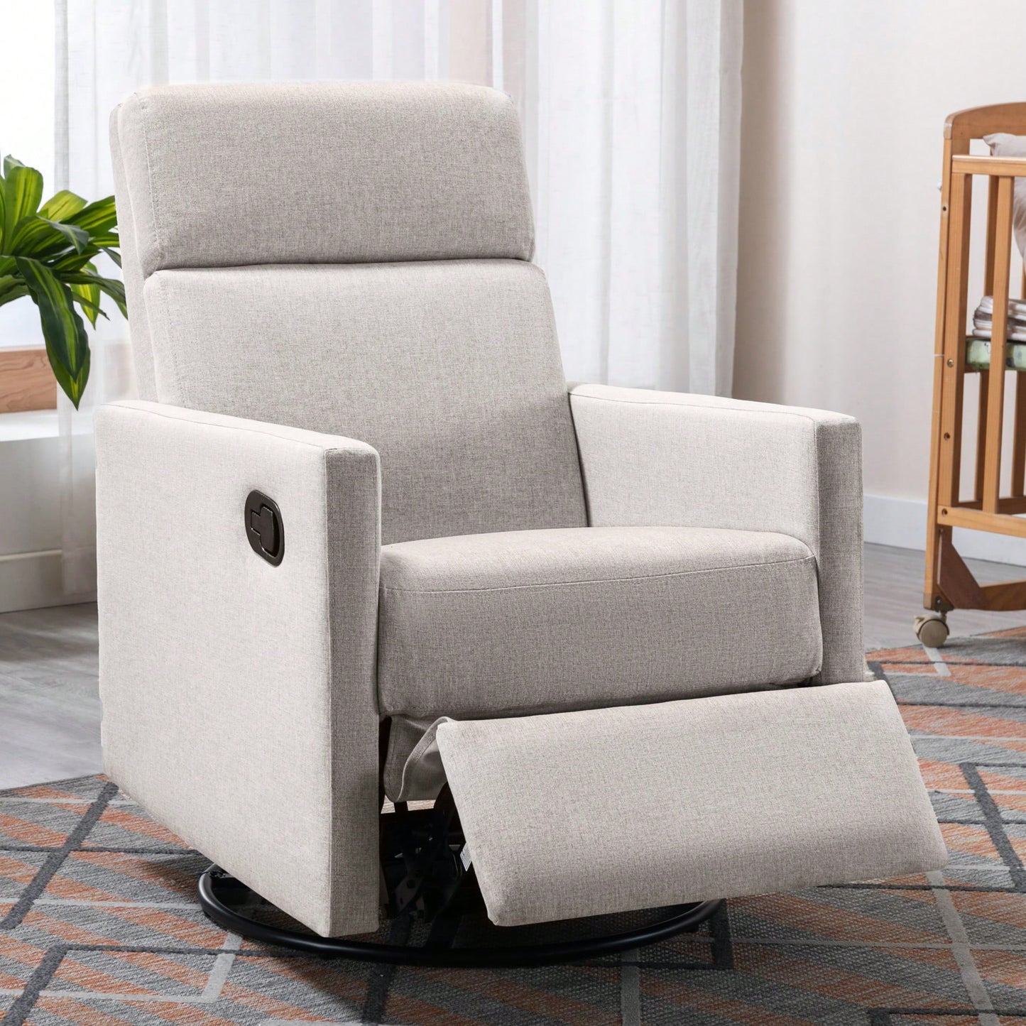 Plush Beige Upholstered Rocking Nursery Chair With Glider Swivel Recliner For Ultimate Comfort