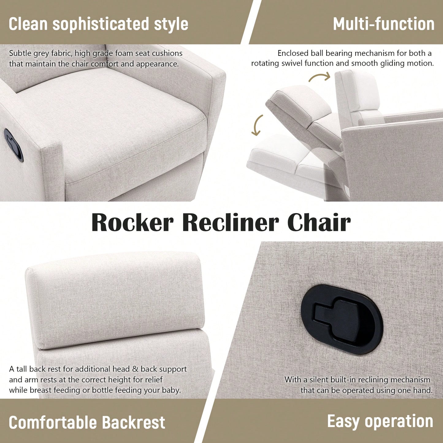 Plush Beige Upholstered Rocking Nursery Chair With Glider Swivel Recliner For Ultimate Comfort