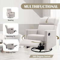 Plush Beige Upholstered Rocking Nursery Chair With Glider Swivel Recliner For Ultimate Comfort