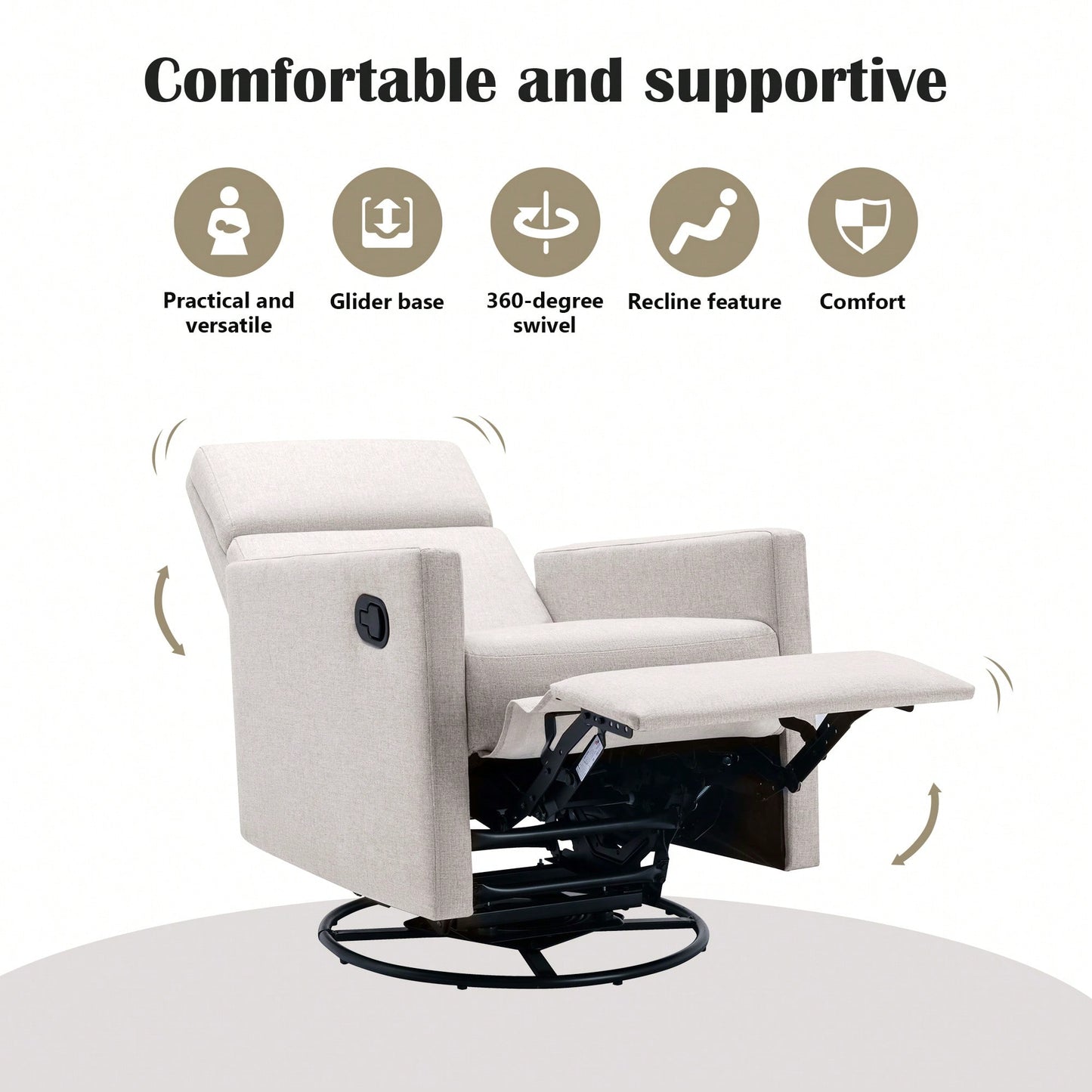 Plush Beige Upholstered Rocking Nursery Chair With Glider Swivel Recliner For Ultimate Comfort