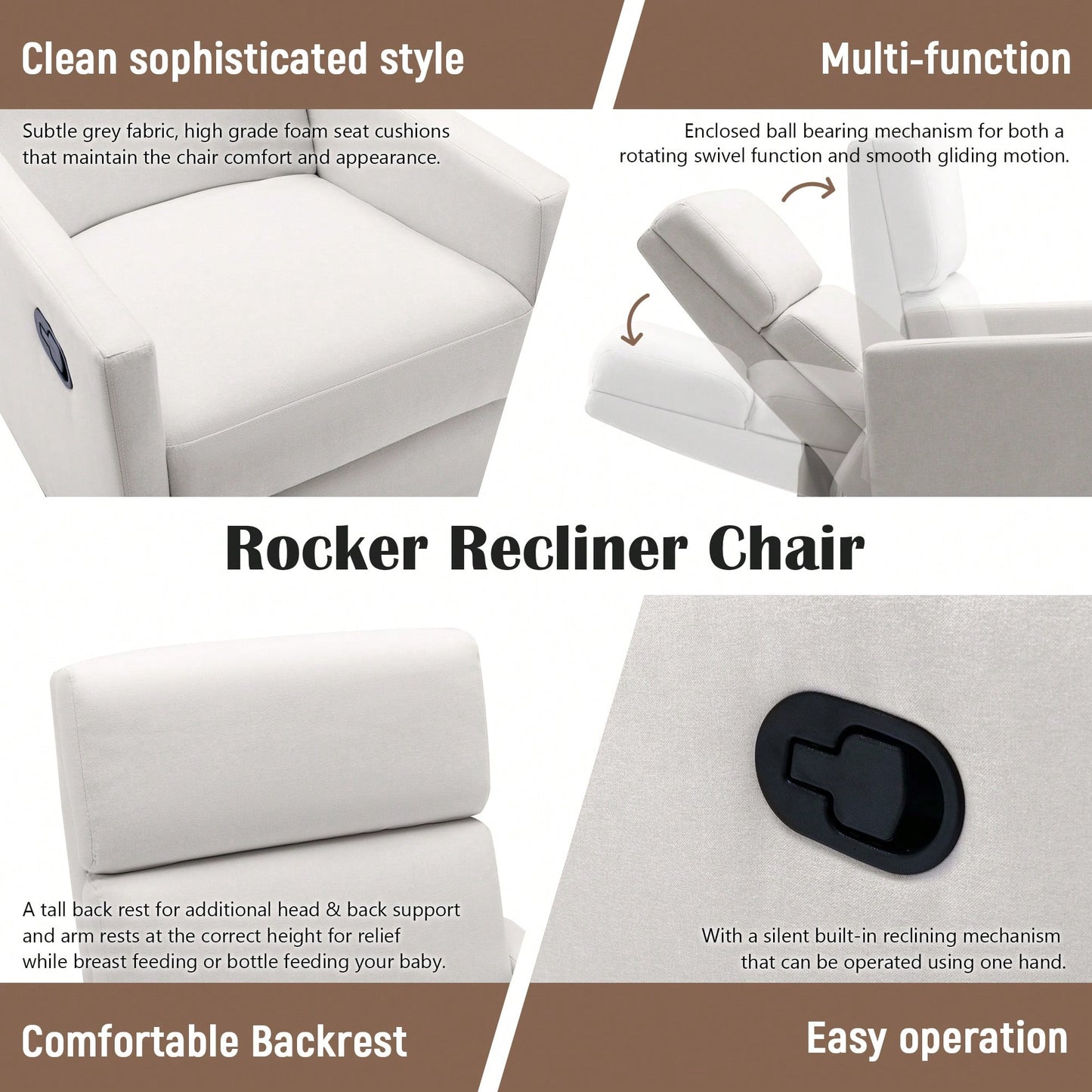 Plush Beige Upholstered Rocking Nursery Chair With Glider Swivel Recliner For Ultimate Comfort