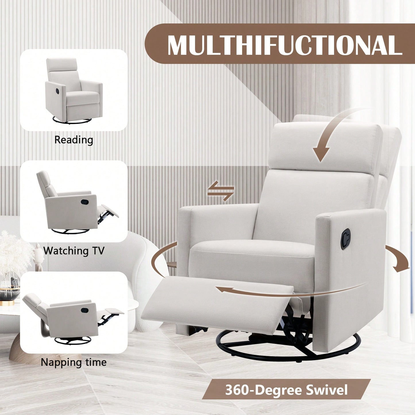 Plush Beige Upholstered Rocking Nursery Chair With Glider Swivel Recliner For Ultimate Comfort