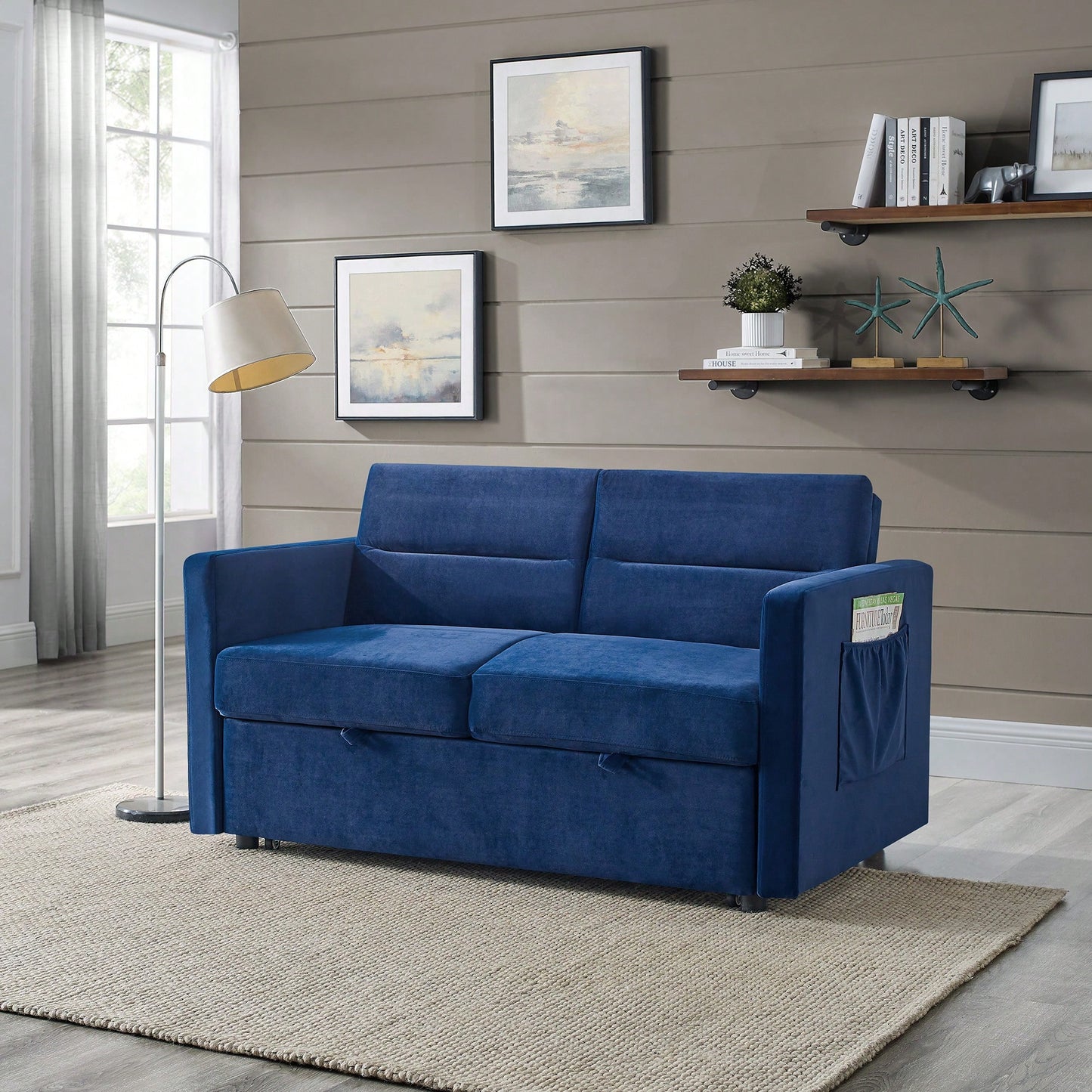 Versatile Beige Loveseat Sofa Bed With Pull-Out Bed Adjustable Backrest And Arm Pockets 54.5x33x31.5 Inches