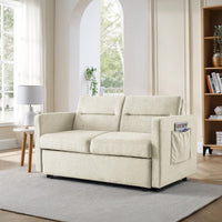 Versatile Beige Loveseat Sofa Bed With Pull-Out Bed Adjustable Backrest And Arm Pockets 54.5x33x31.5 Inches