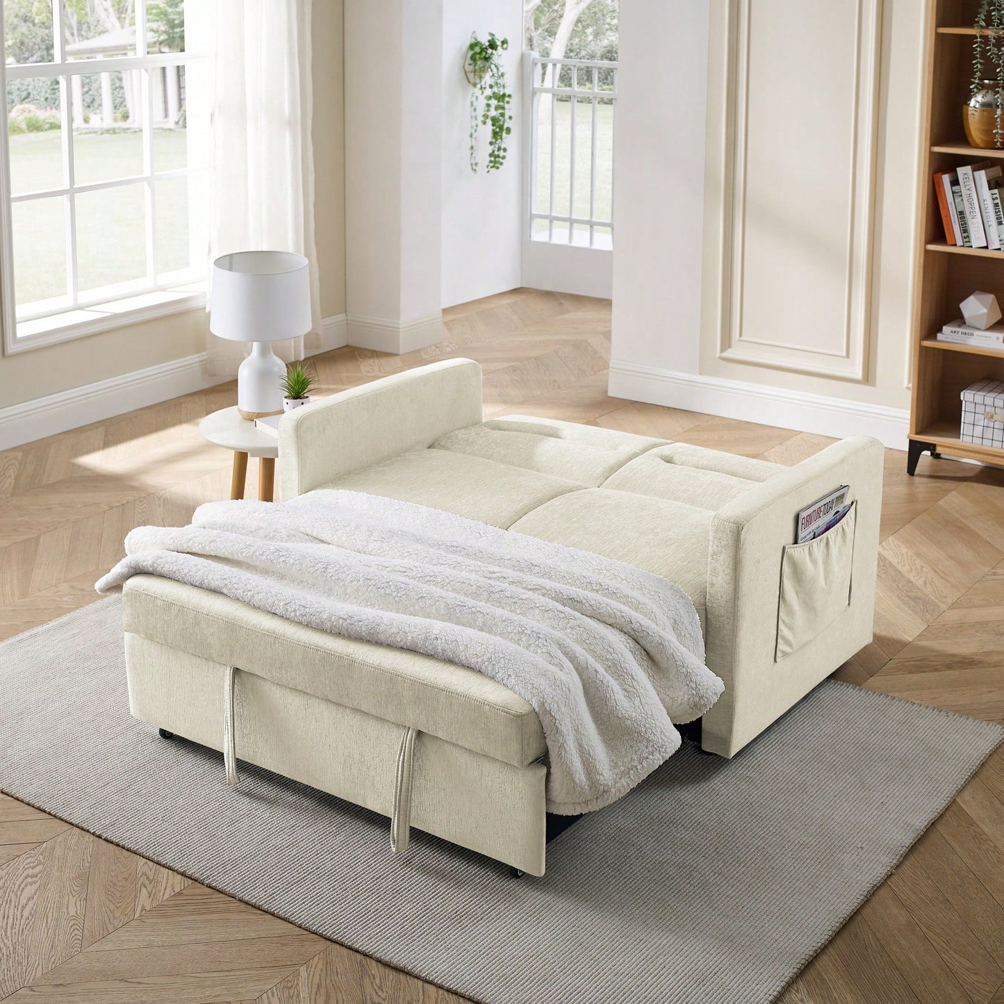 Versatile Beige Loveseat Sofa Bed With Pull-Out Bed Adjustable Backrest And Arm Pockets 54.5x33x31.5 Inches