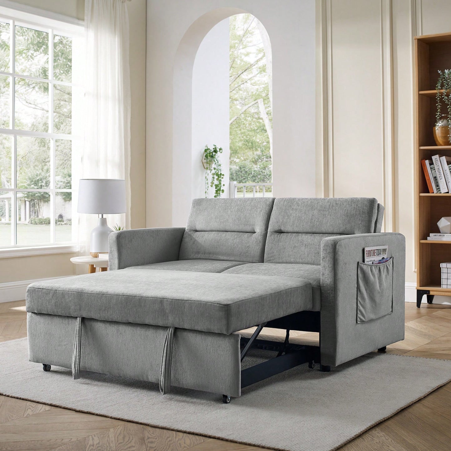 Versatile Beige Loveseat Sofa Bed With Pull-Out Bed Adjustable Backrest And Arm Pockets 54.5x33x31.5 Inches