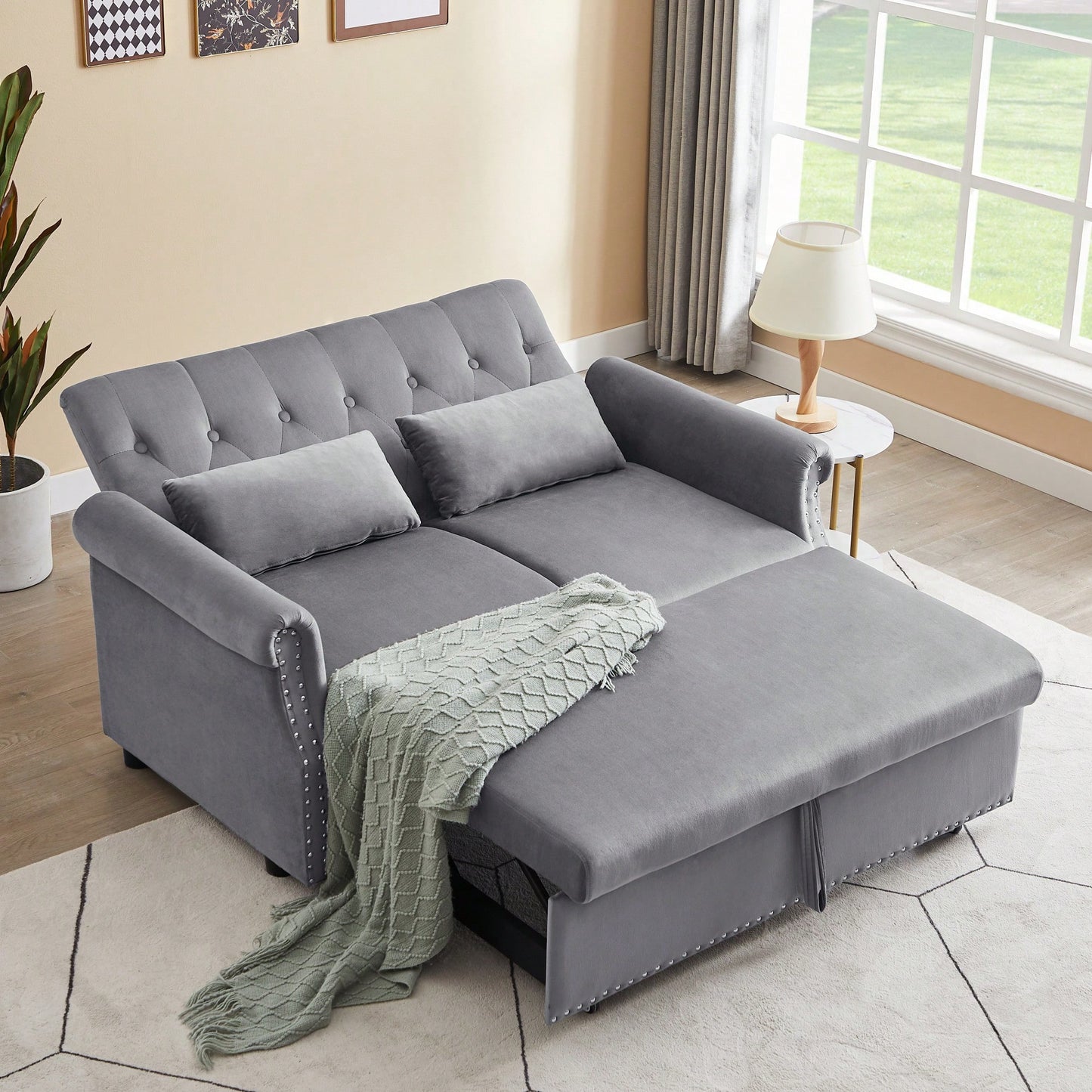 Modern Velvet Convertible Loveseat Sleeper Sofa with Lumbar Pillows Adjustable Pull-Out Bed and Removable Armrest for Living Room Office