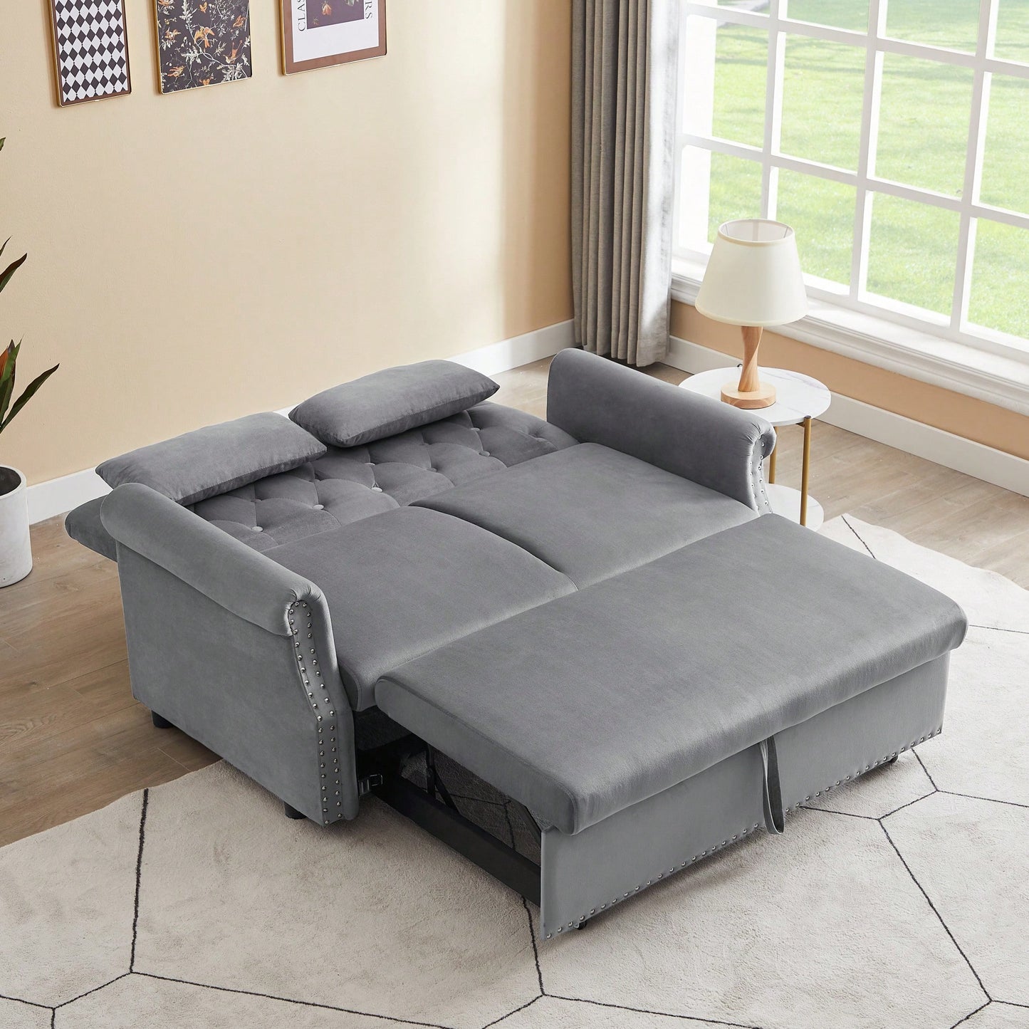 Modern Velvet Convertible Loveseat Sleeper Sofa with Lumbar Pillows Adjustable Pull-Out Bed and Removable Armrest for Living Room Office