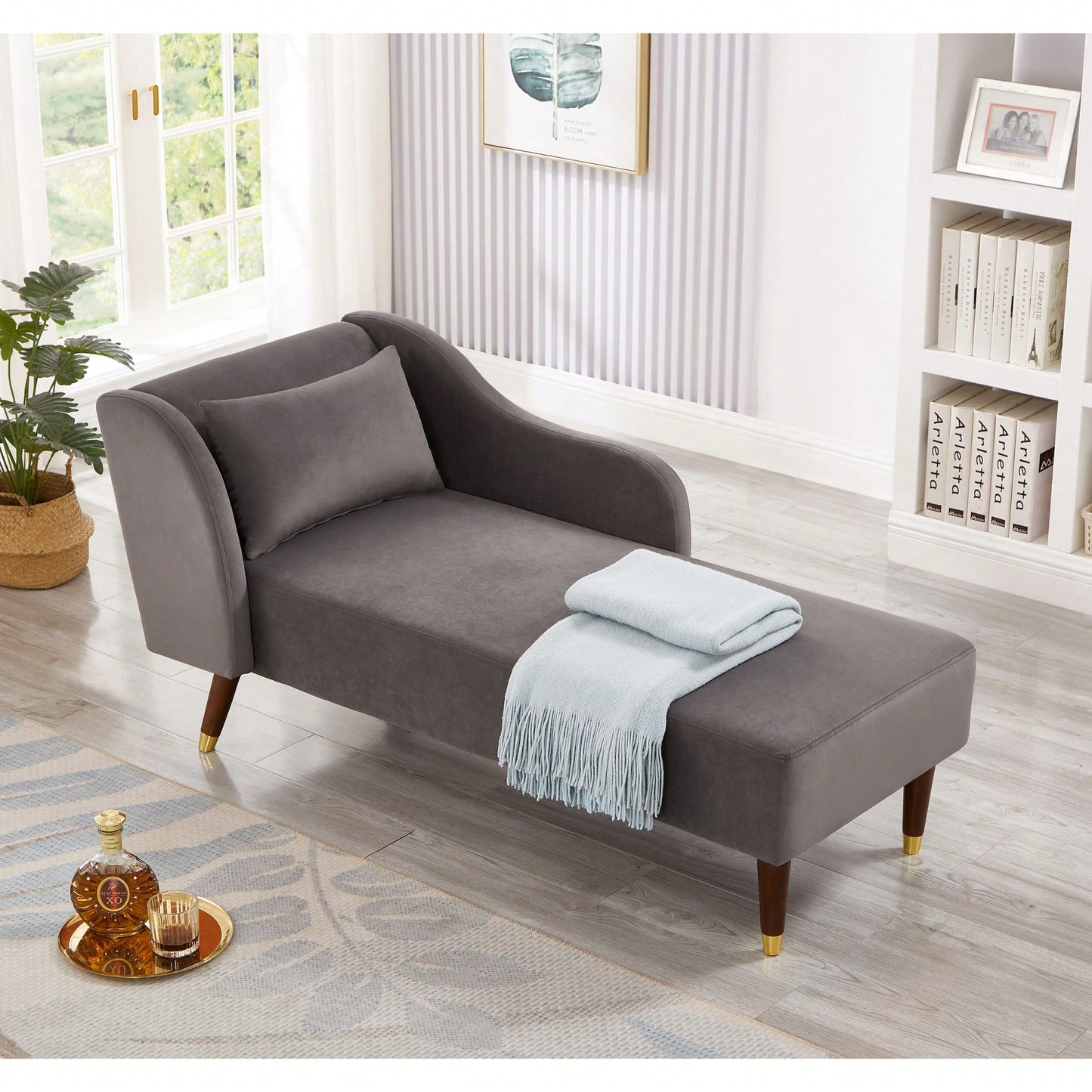 Elegant Beige Velvet Chaise Lounge Chair For Stylish Living Room Decor