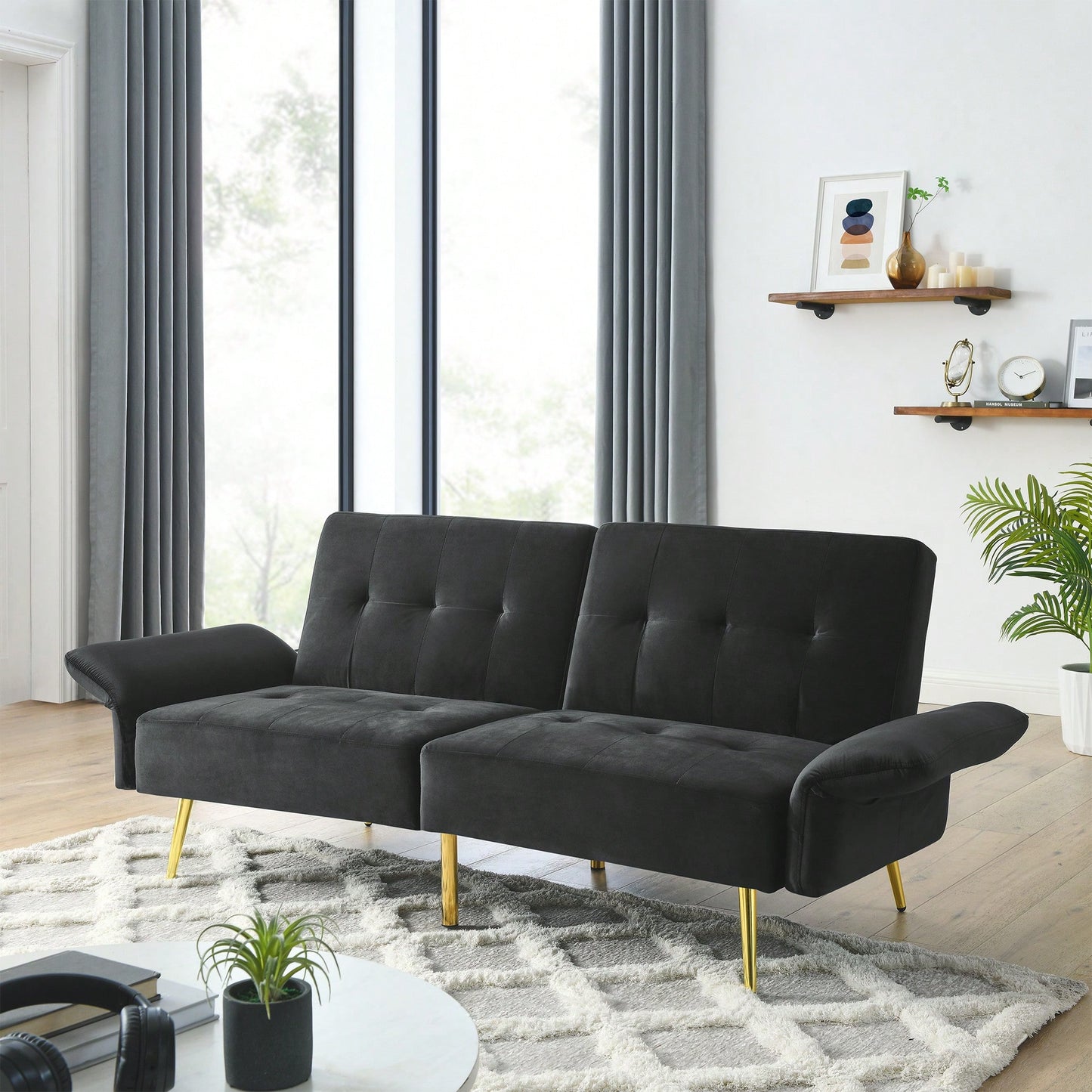 78 Inch Black Velvet Convertible Sofa Bed With Folded Armrests And Storage Bags For Small Spaces And Living Rooms