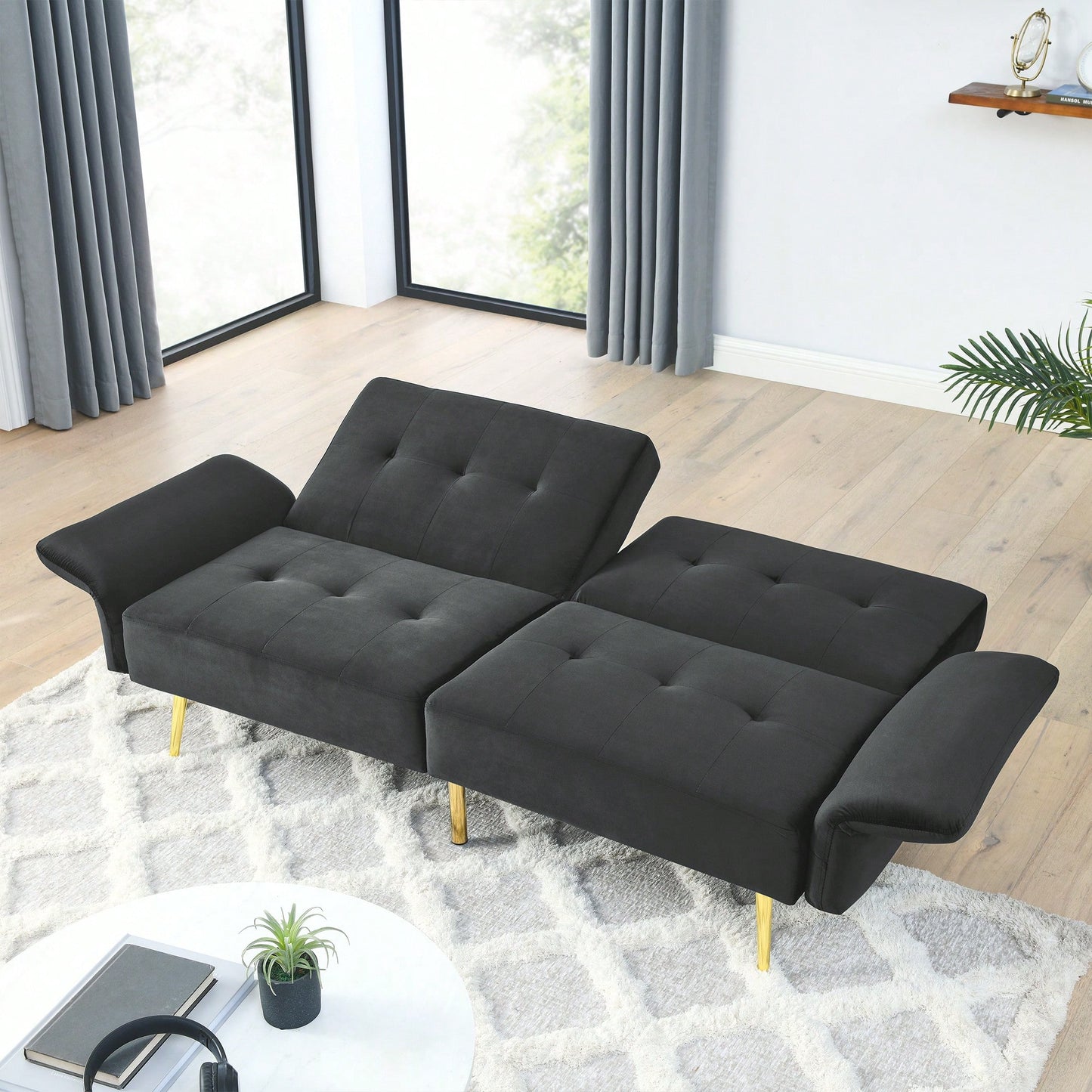 78 Inch Black Velvet Convertible Sofa Bed With Folded Armrests And Storage Bags For Small Spaces And Living Rooms