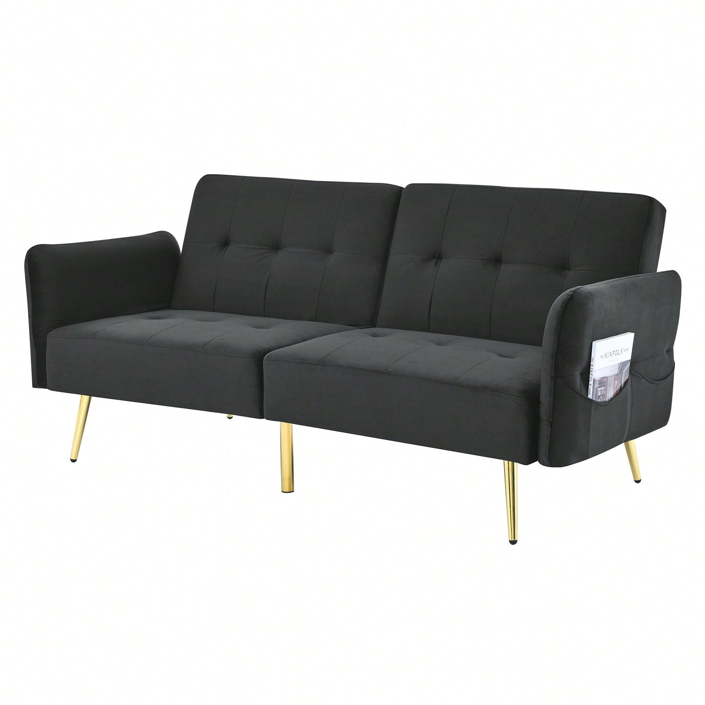 78 Inch Black Velvet Convertible Sofa Bed With Folded Armrests And Storage Bags For Small Spaces And Living Rooms