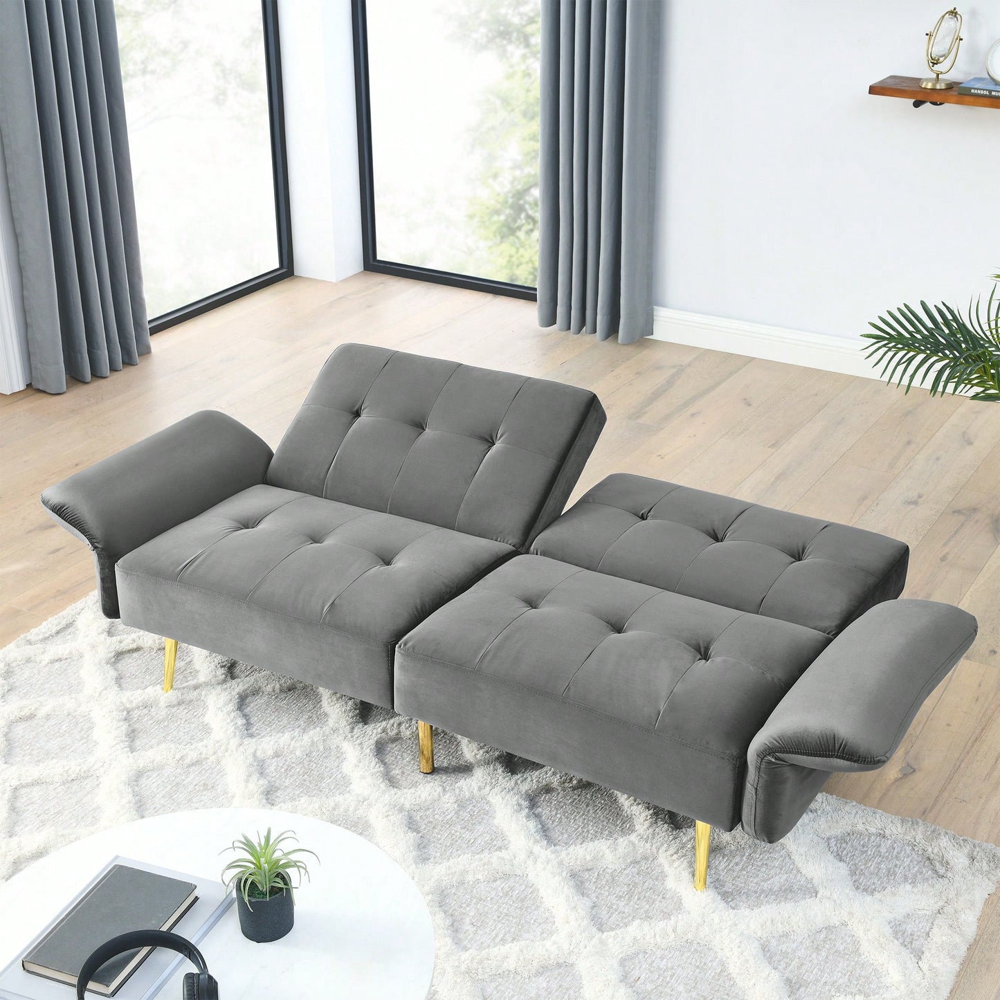 78 Inch Black Velvet Convertible Sofa Bed With Folded Armrests And Storage Bags For Small Spaces And Living Rooms